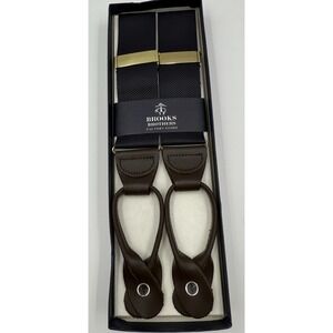 BROOKS BROTHERS Factory NEW Navy Blue Brown Leather Suspenders Braces Gold Tone